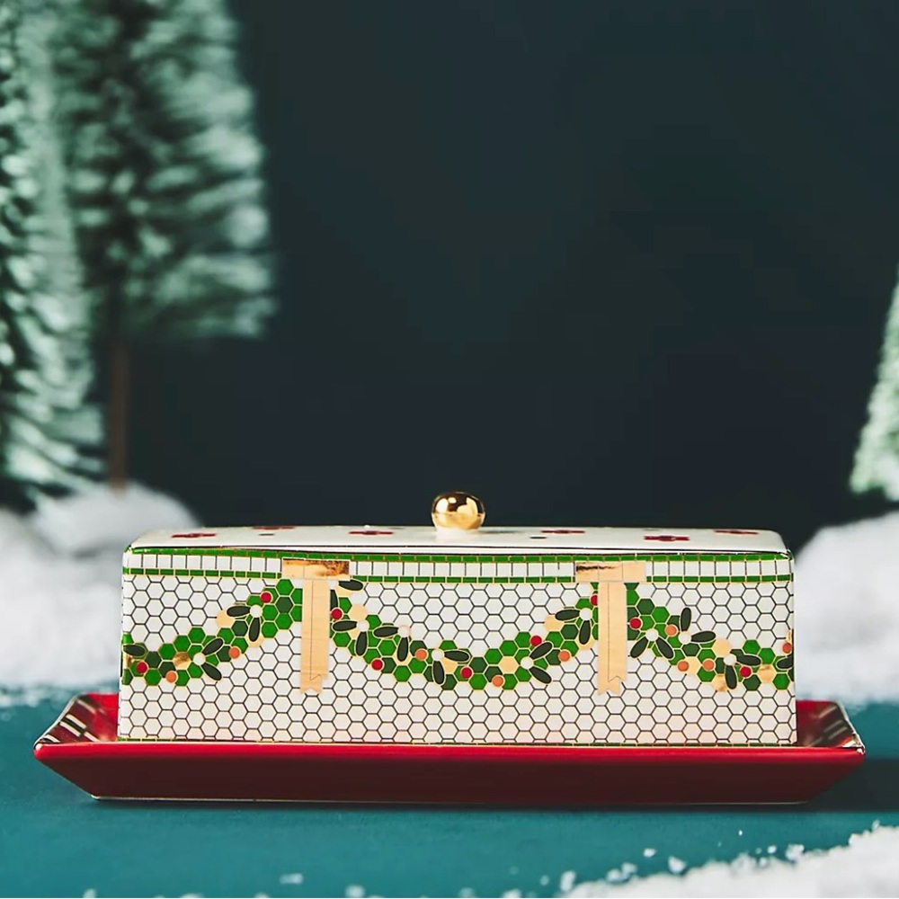 Festive Tile Handpainted Stoneware Butter Dish